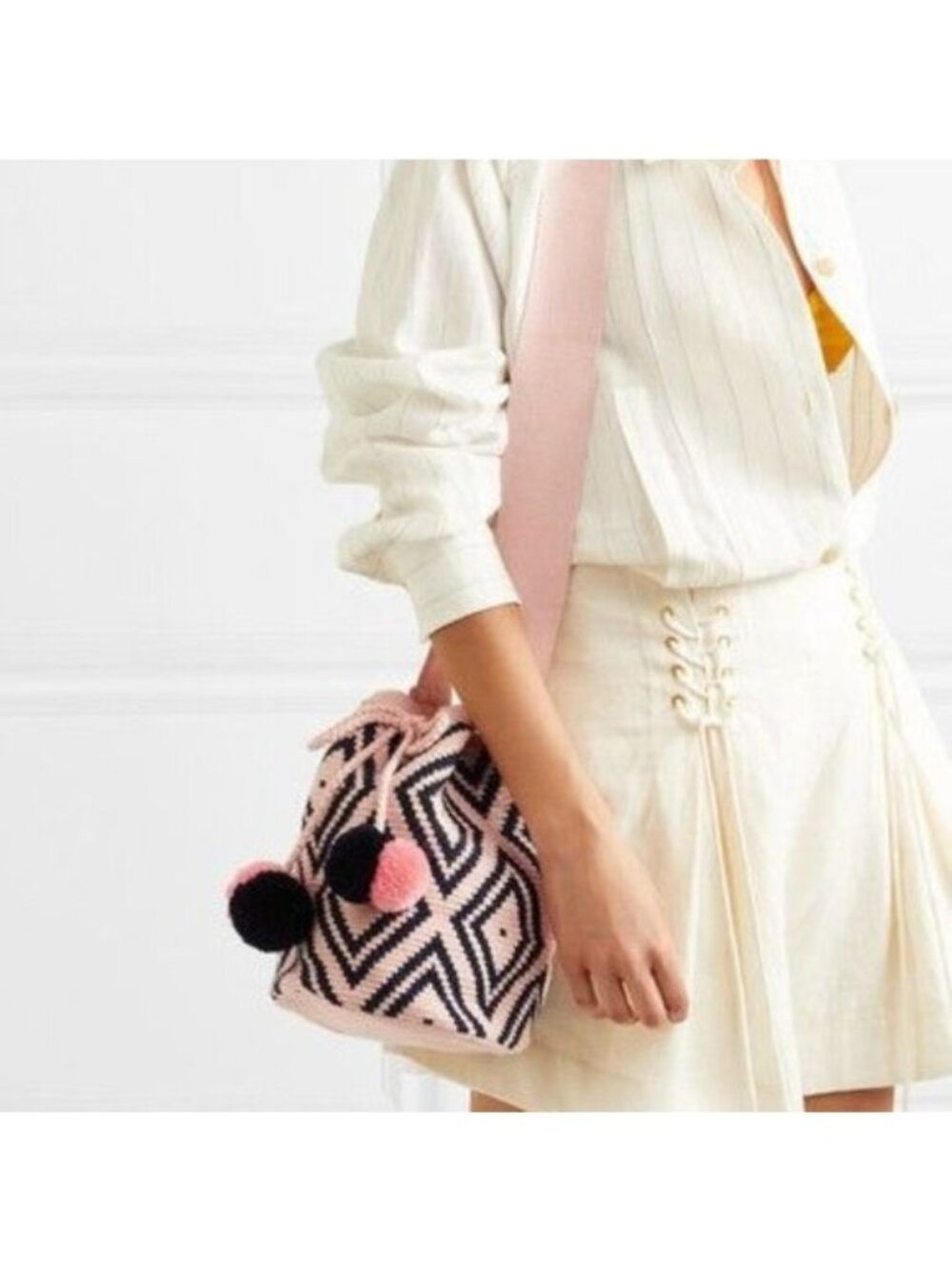 Sophie Anderson Lila Pom Pom Bucket Bag NEW Pink Blue Woven Boho Beachy Travel